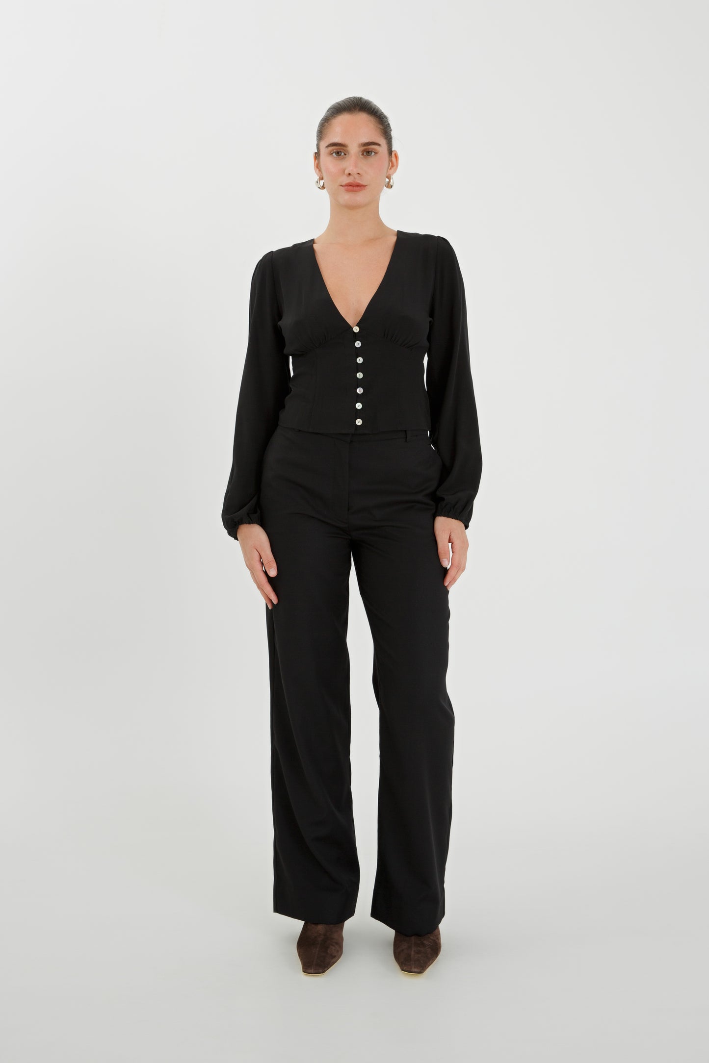 Button-Through Long Sleeve Blouse Nera