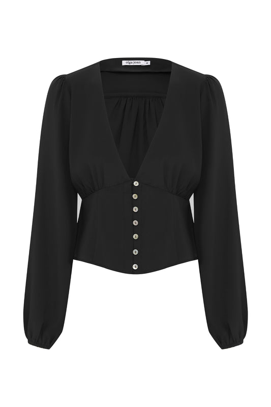 Button-Through Long Sleeve Blouse Nera