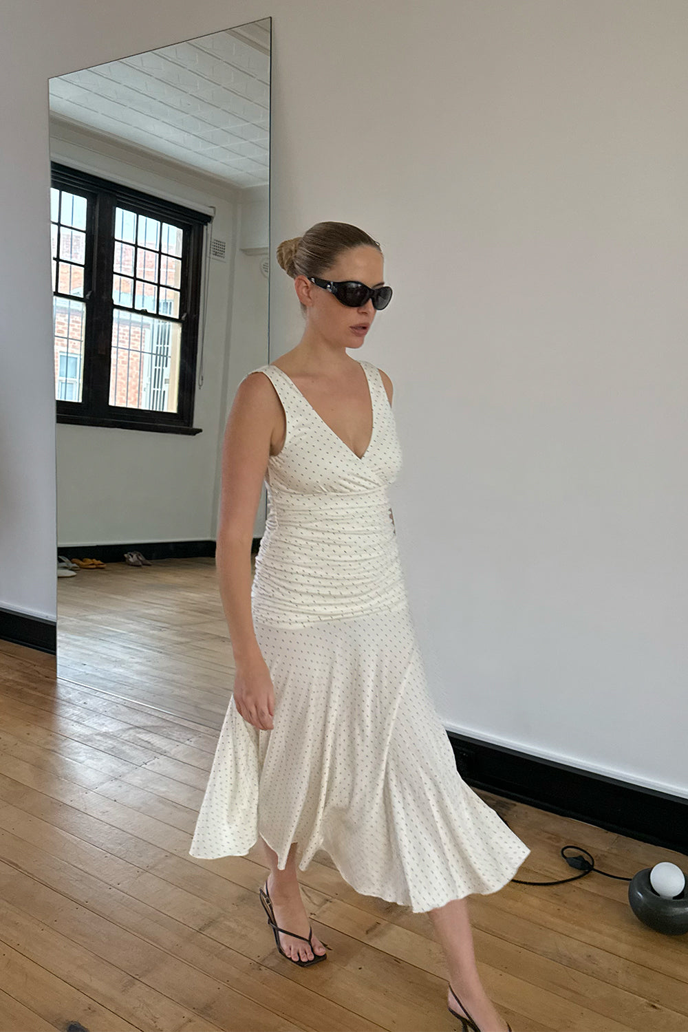 Ruched Plunge Jersey Dress Pois Bianca