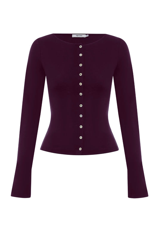 Button-Through Long Sleeve Top Aubergine