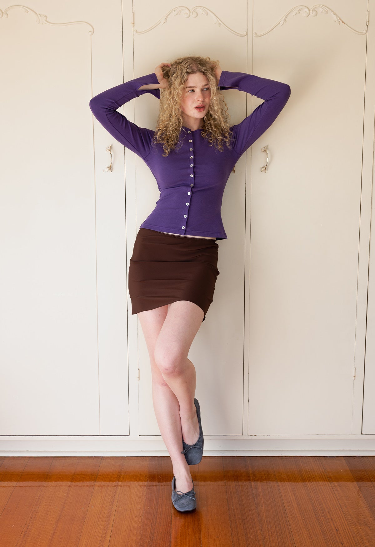 Button-Through Long Sleeve Top Washed Viola