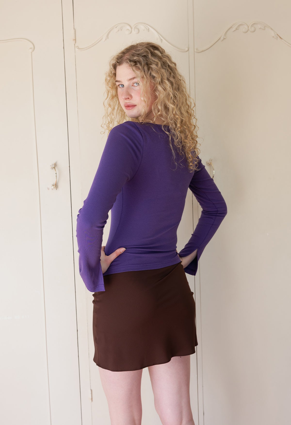 Button-Through Long Sleeve Top Washed Viola