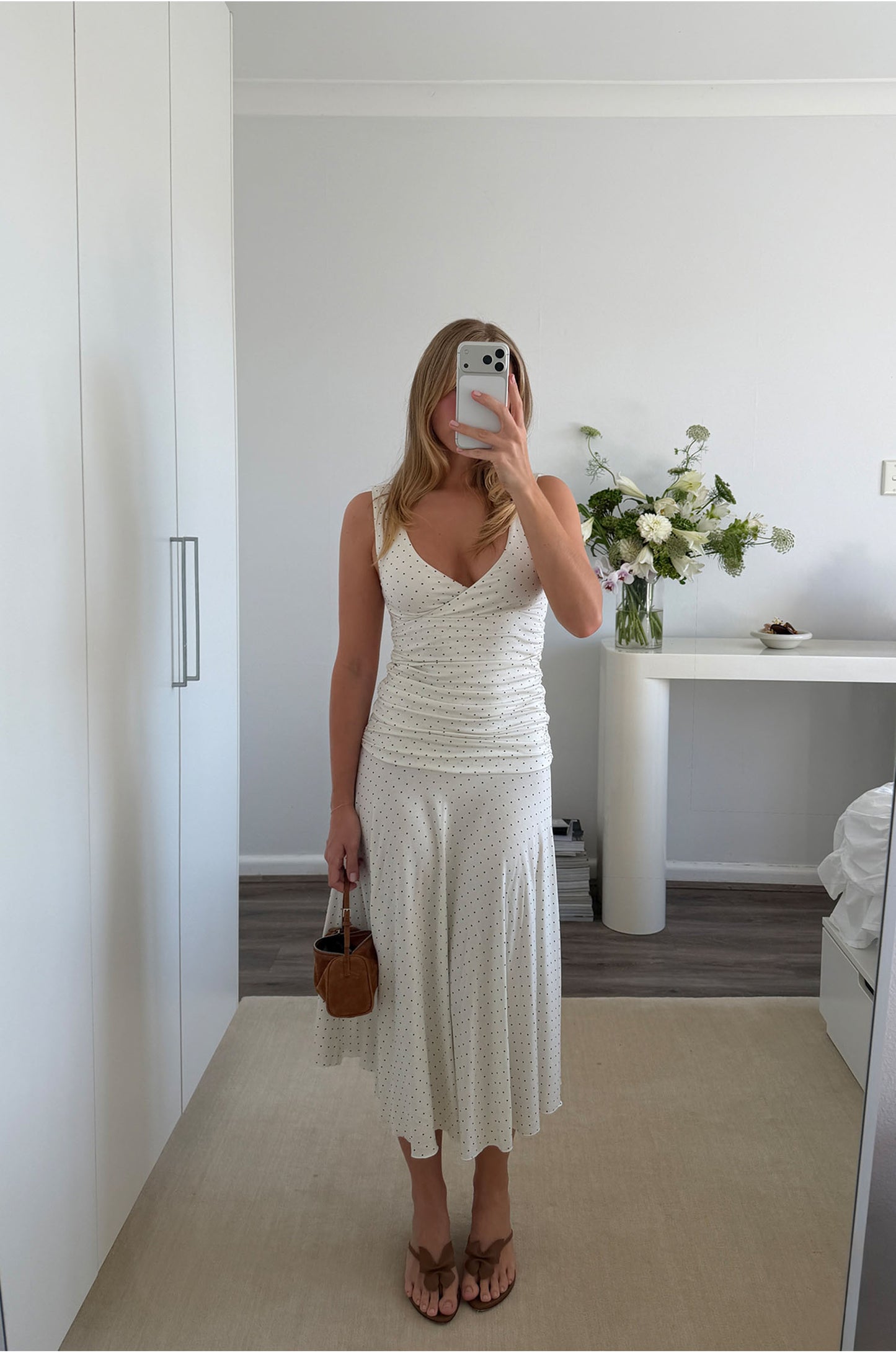 Ruched Plunge Jersey Dress Pois Bianca