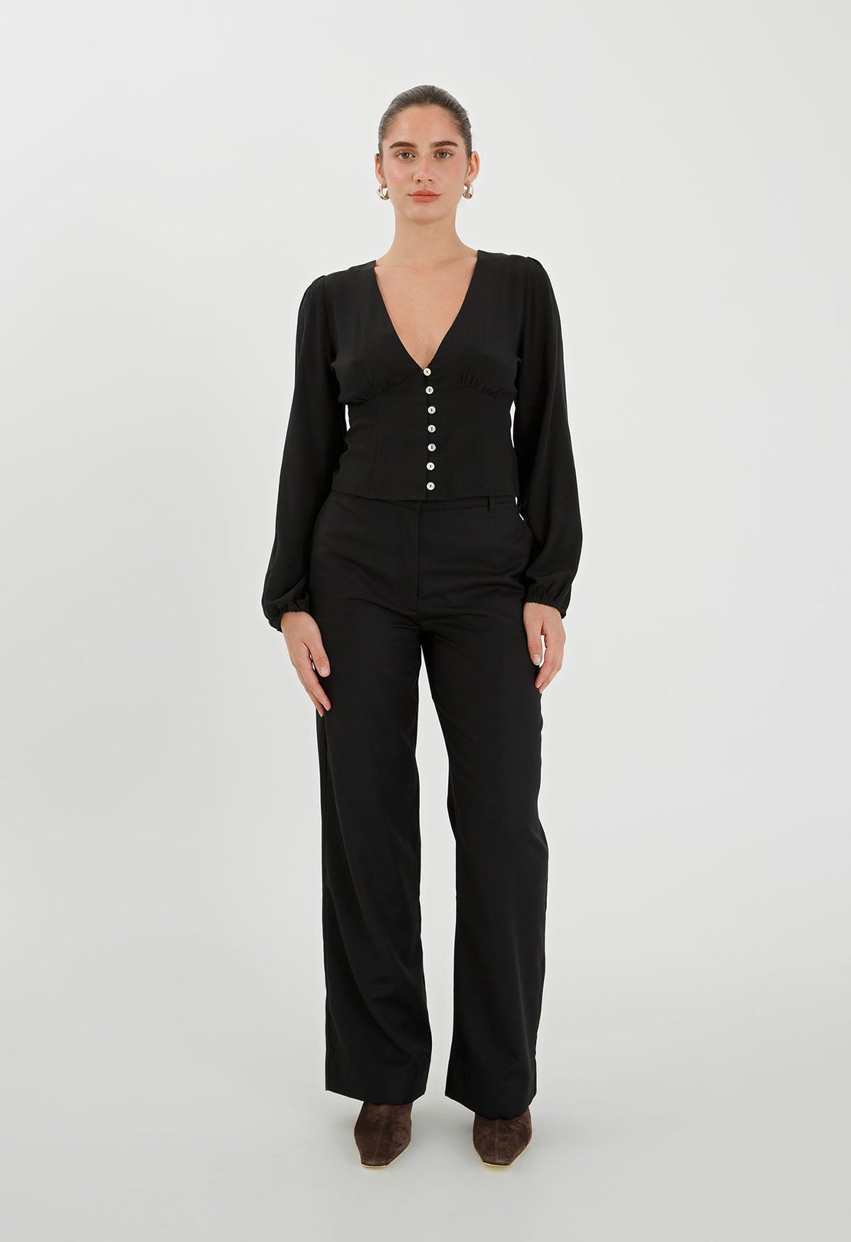 Button-Through Long Sleeve Blouse Nera