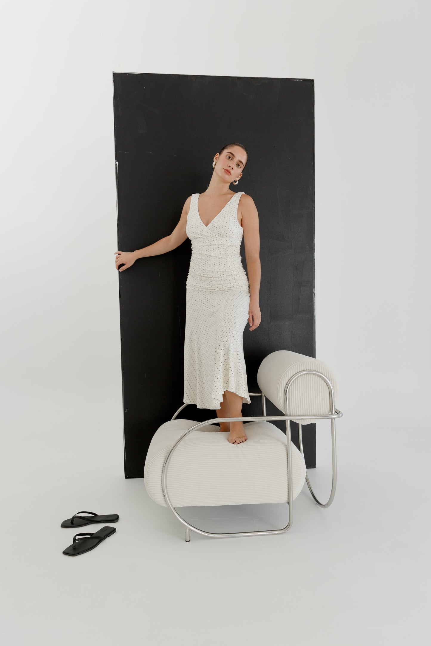 Ruched Plunge Jersey Dress Pois Bianca